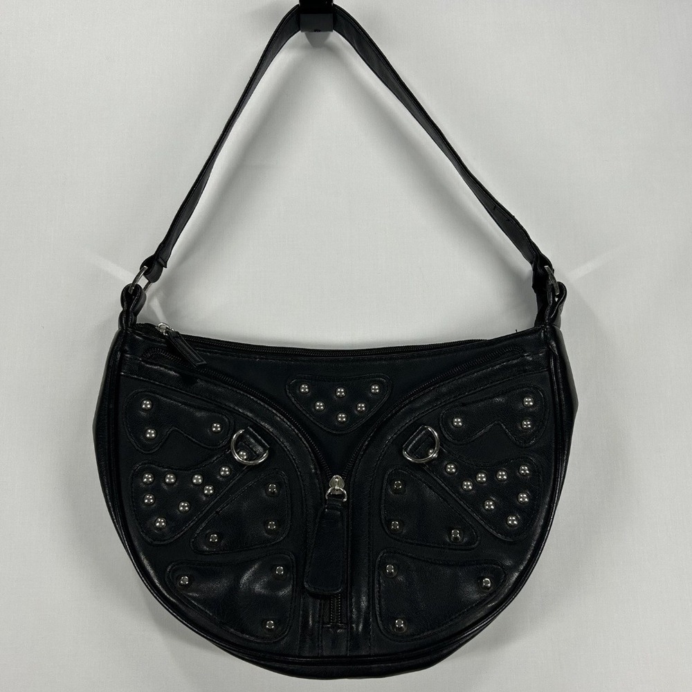 Vintage Y2K Black Leather Studded Butterfly Shoulder Bag Crescent Purse Grunge